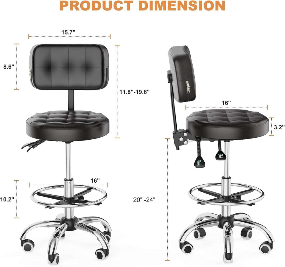 YJHome Rolling Stool with Back Support, Swivel Chair Adjustable Height