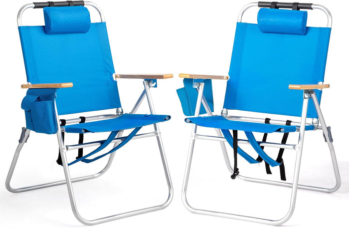 Bonnlo 17“ Lightweight High Backpack Beach Chair, 2 Pack Portable Tall Beach Chairs for Adults with Side Bag. 3 Level Adjustable Positions for Camping Patio and Picnic