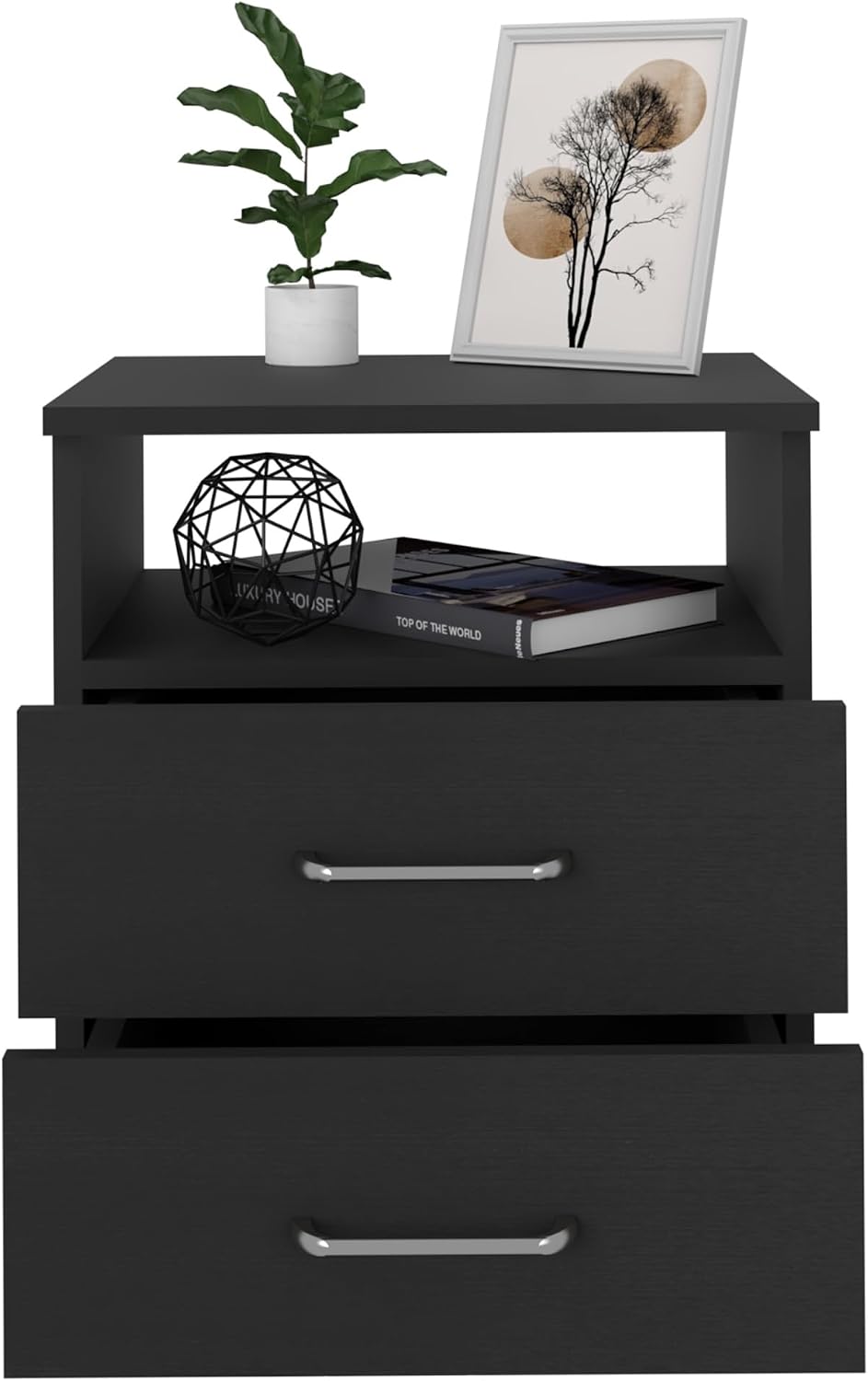 Nightstand, End Table, Side Table Superior Top, Two Drawers, One Shelf -Black...