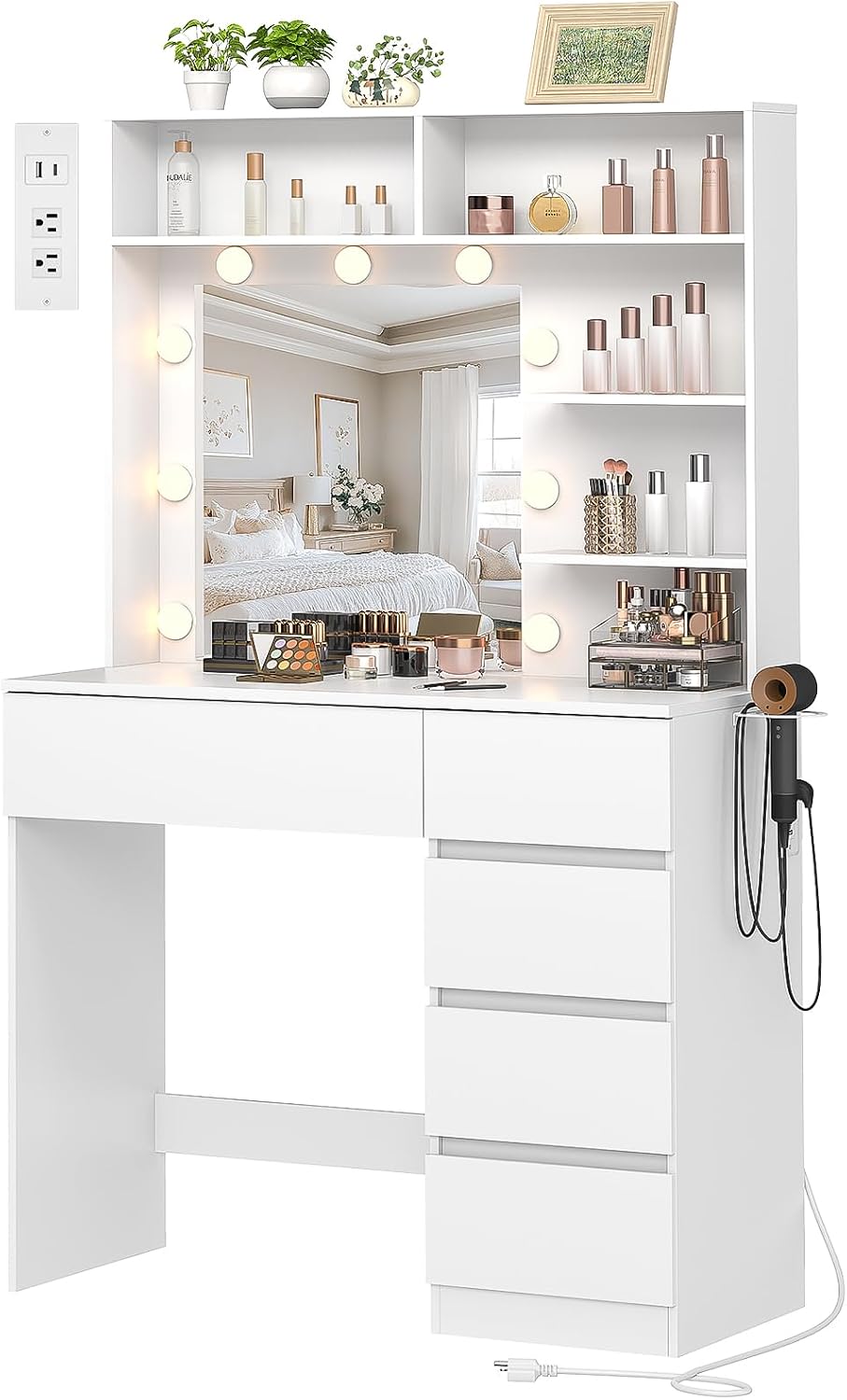 Vanity Desk with Mirror, LED Lights and Power Outlet, Makeup Vanity Table wit...
