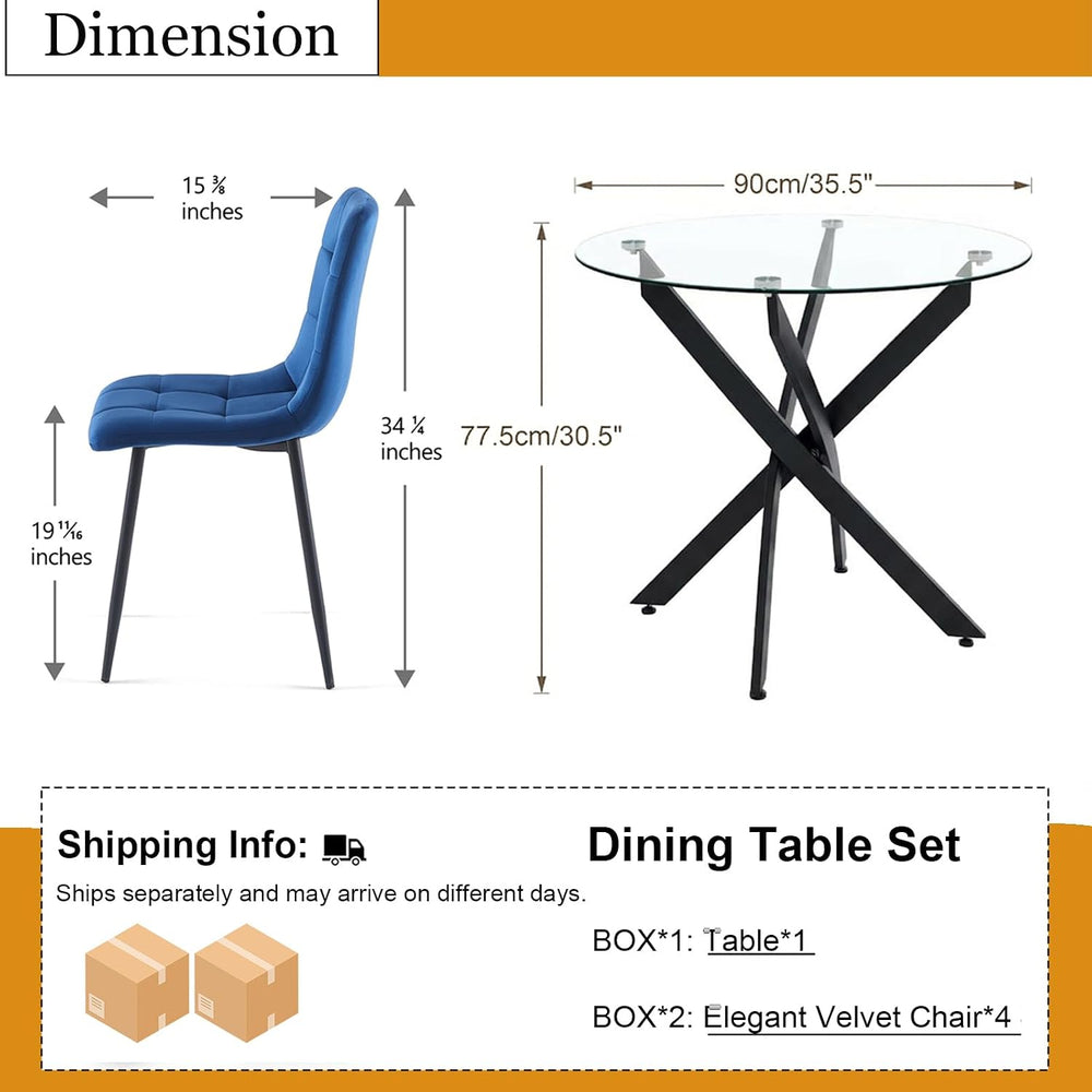 Dining Table Set for 4, Round Glass Kitchen Table with 4 Blue Highback Tufted...