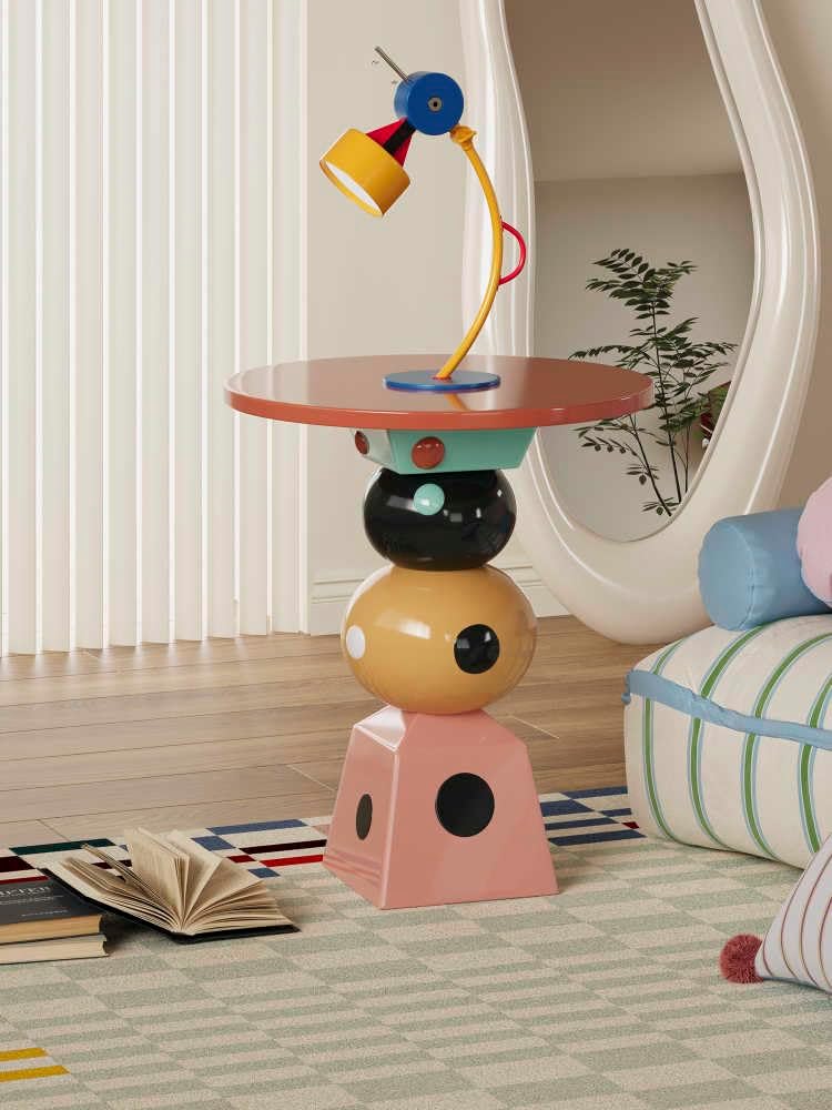 Colorful Stacked Side Table – Modern Memphis Style Geometric Accent Table, Pl...