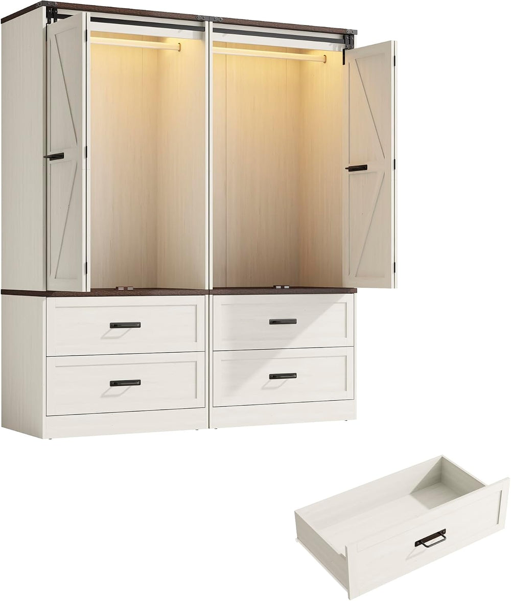 Farmhouse Wardrobe Armoire Closet with 4 Doors and 4 Drawers, 72" Wooden...