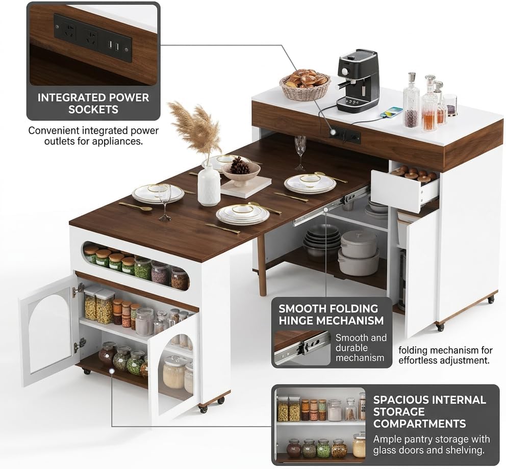 Kitchen Island with Extendable Dining Table, Rolling Storage Cabinet with She...