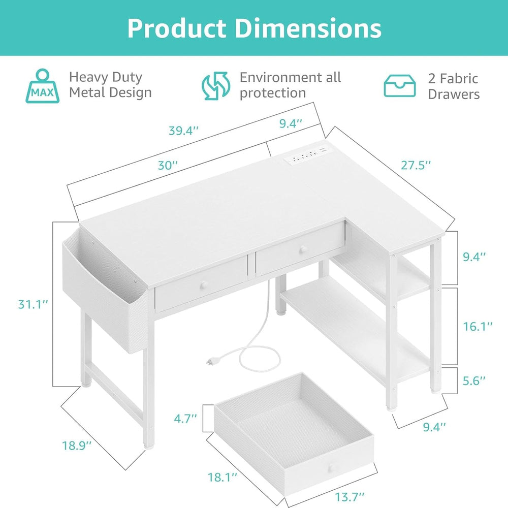 Small White 40 Inch L Shaped Corner Desk with Drawers & Storage Shelves