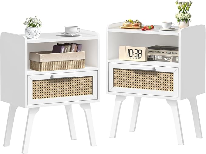 Lerliuo Rattan Nightstands Set of 2, Bedside Table with Drawer Open Shelf, Ca...