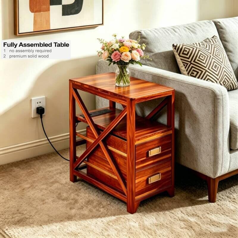 Fully Assembled Narrow Side Table with Charging Station, No Assembly Narrow N...