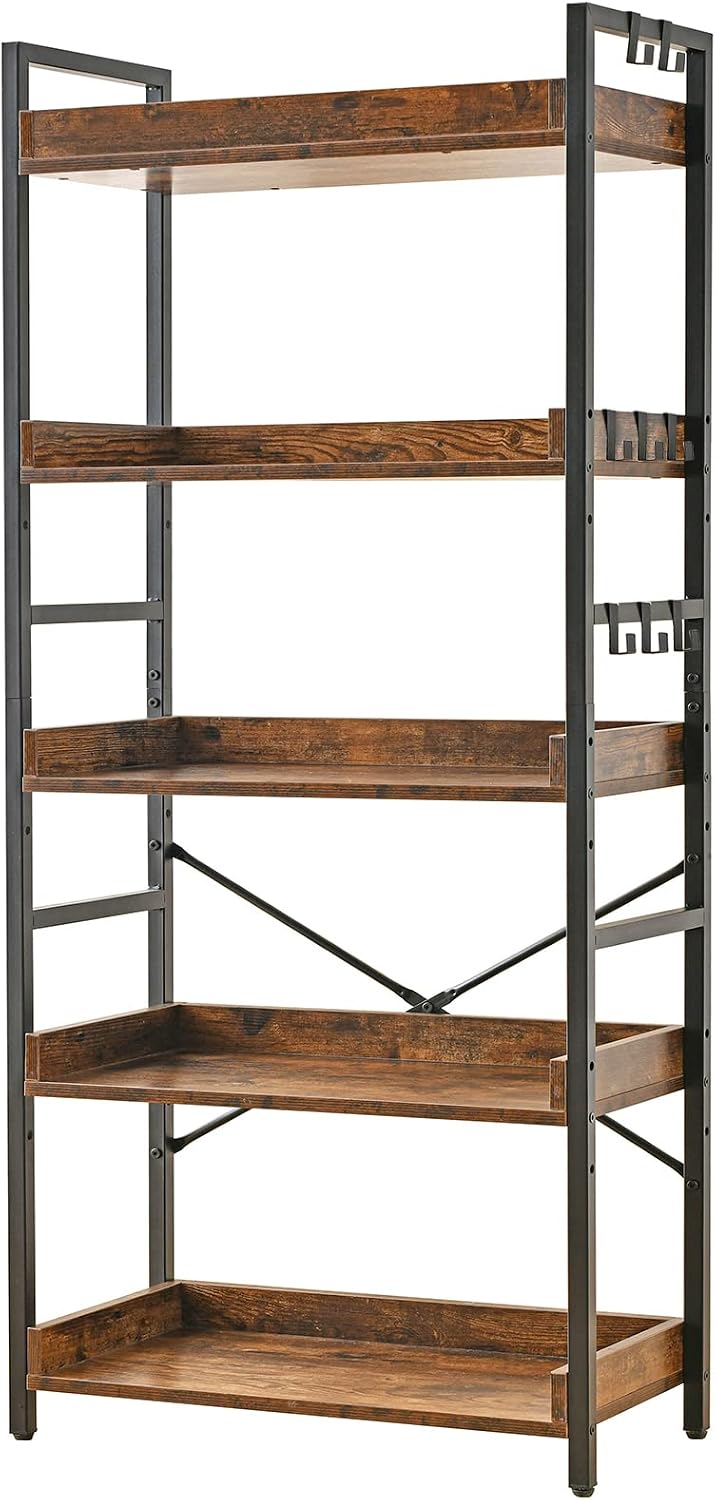 HCHQHS Adjustable 5 Tier Open Bookcase, Rustic Farmhouse Book Shelves, Indust...