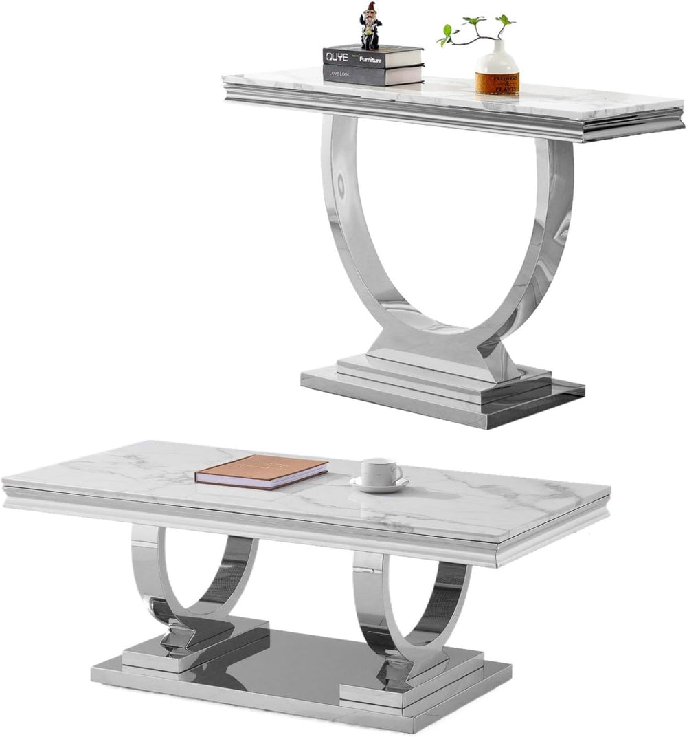 Modern Elegant 2-Piece Living Room Table Set with Faux Marble Top | Includes ...