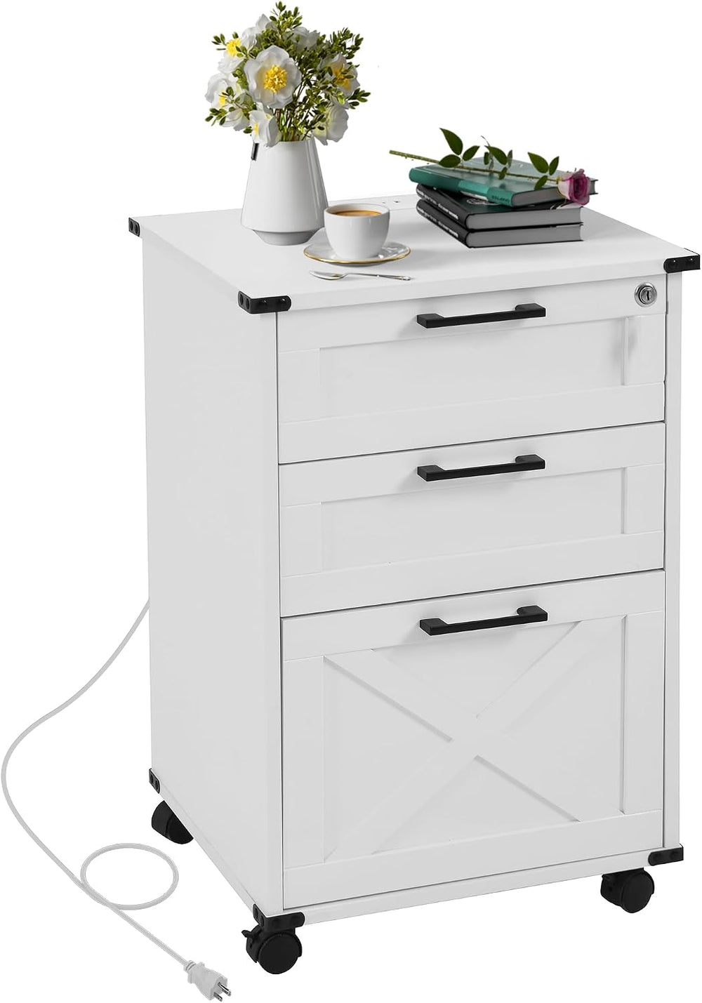 Onelike Small Wood File Cabinet with Charging Station and Lock, 3 Drawers | B...