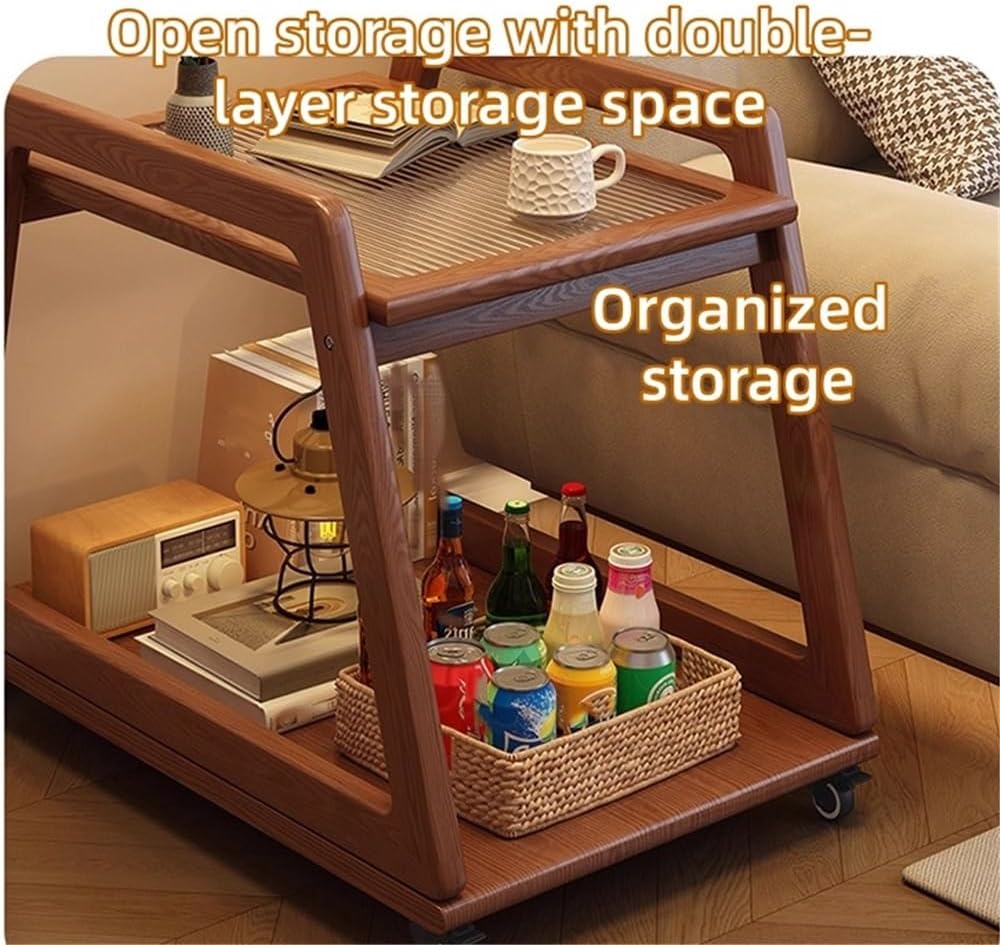 Movable Sofa Side Table with Glass, 2 Tier End Table with Wheels, Small Table...