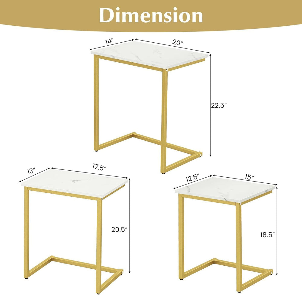 3-Piece Nesting Coffee Table Set, Stackable C-Shape (White Gold) | Faux Marbl...
