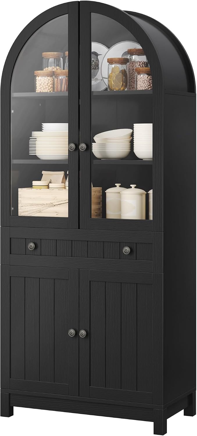 YITAHOME 71" Arched Pantry Cabinet with Glass Door, Shelves & Drawer...
