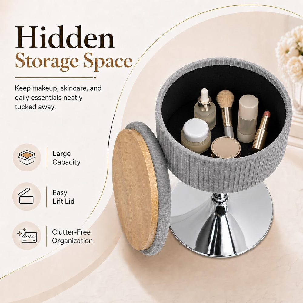 2 in 1 Adjustable Storage Vanity Stool with Flip-Over Wood Tray | 360° Swivel...