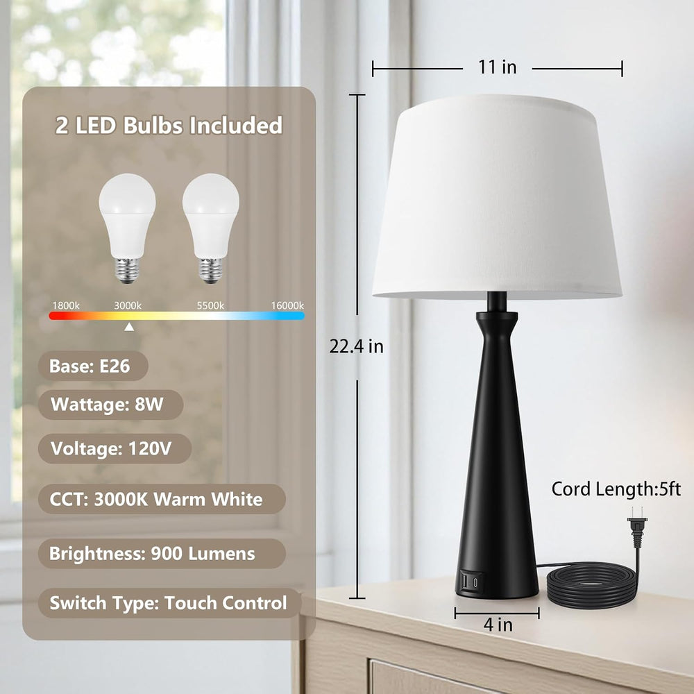 Modern Touch Lamps for Nightstand, 3 Way Dimmable Bedroom Lamp Set of 2