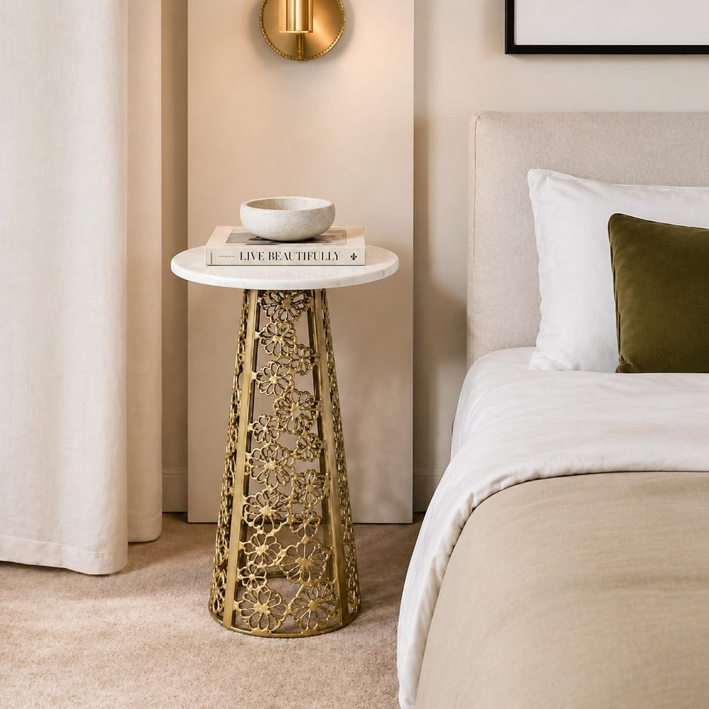 Gold Side Table with White Marble Top | Decorative Modern End Table | Aluminu...