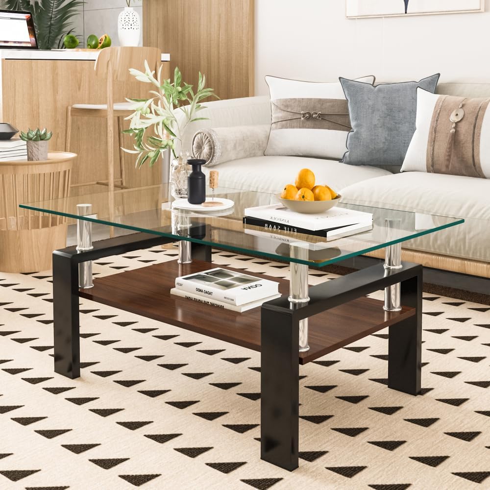 Rectangle Coffee Table, Tempered Glass Tabletop with MDF Layer, Modern Table ...