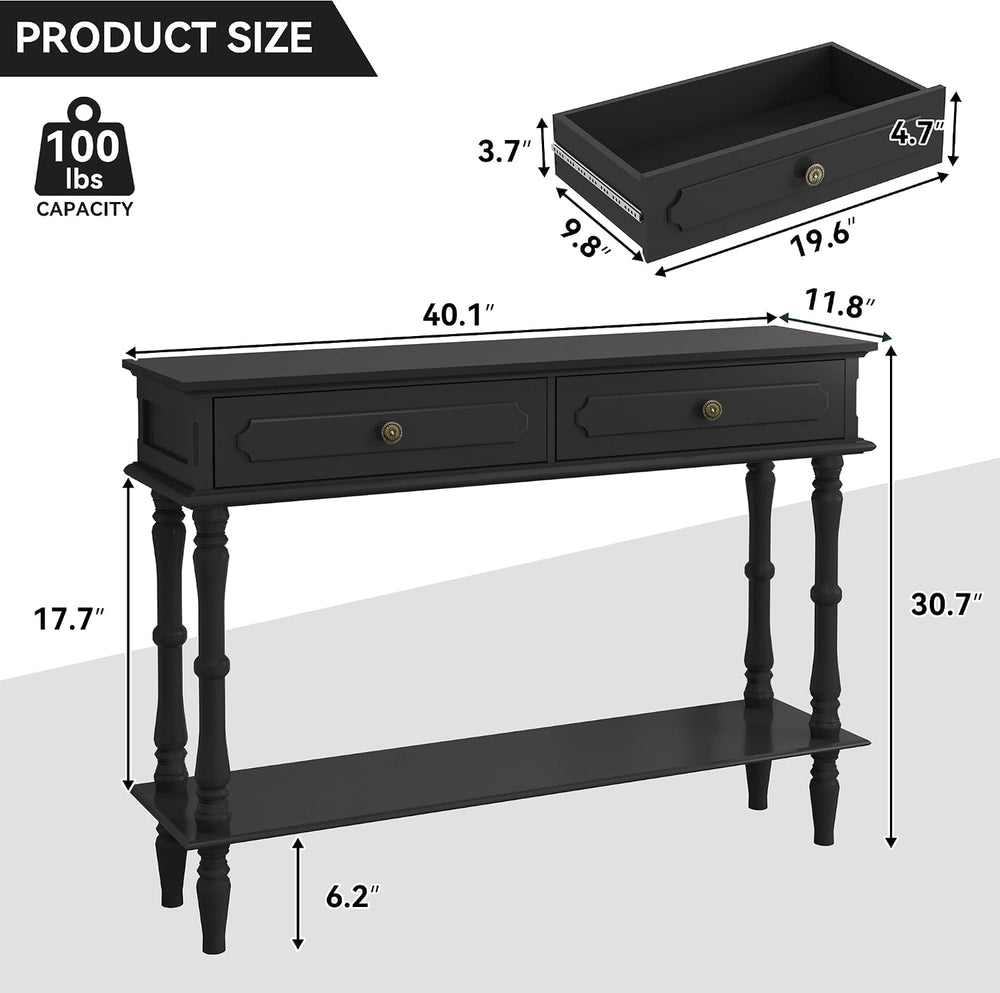 Console Table with 2 Drawers&Open Shelf, Black Retro Entryway Table | Dec...