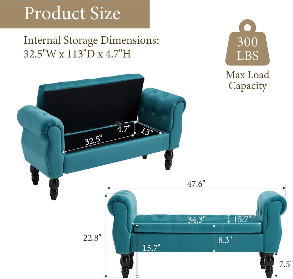 47″ Storage Bench with Arms End of Bed Bench,Velvet Entryway Bench with Stora...