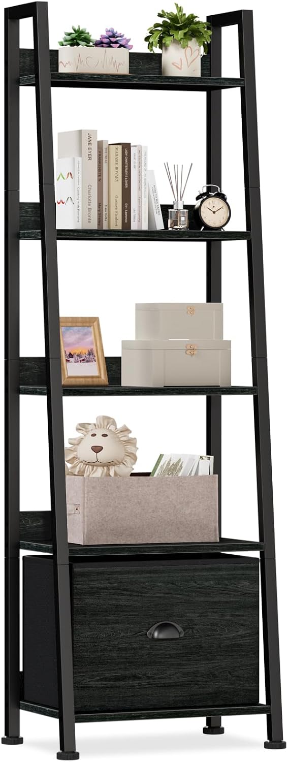 Furologee Ladder Shelf, 5 Tier Bookshelf with Fabric Drawer, Black Oak