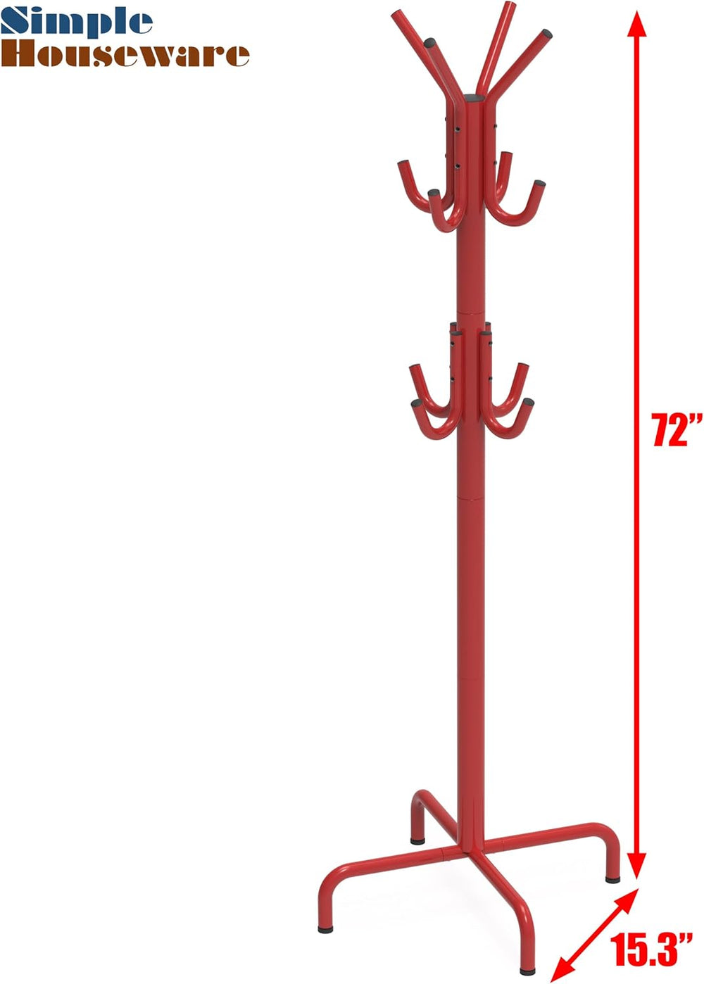 Simple Houseware Standing Coat/Hat Hanger Organizer Rack, 12 Hooks, Red