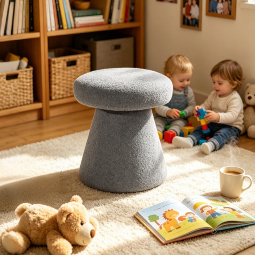 Mushroom Ottoman, 18” Boucle Foot Stool for Living Room & Bedroom, Cute V...