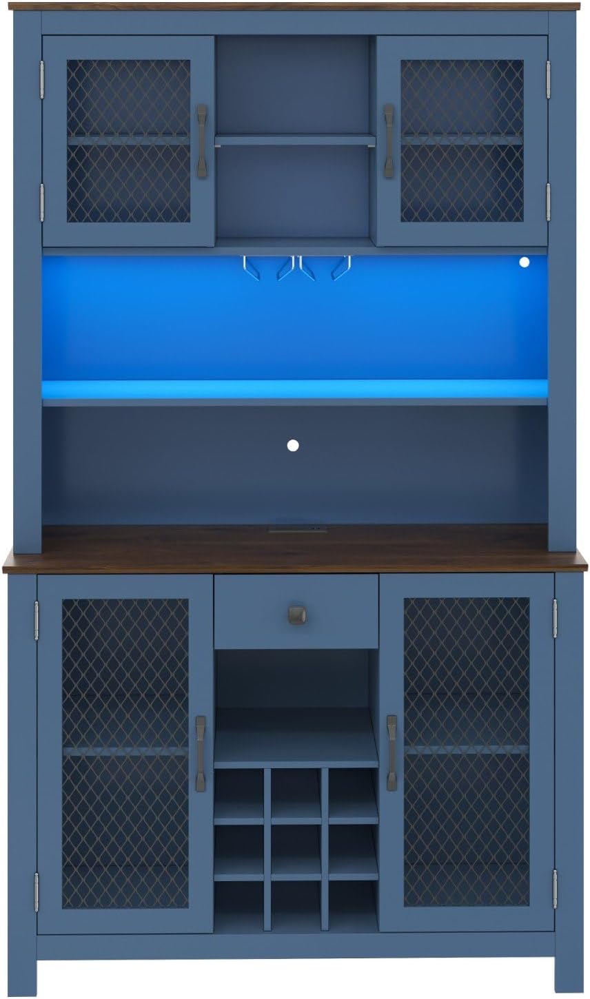 70.9" Kitchen Pantry Cabinet with LED Lights, Rustic Farmhouse Buffet Hu...