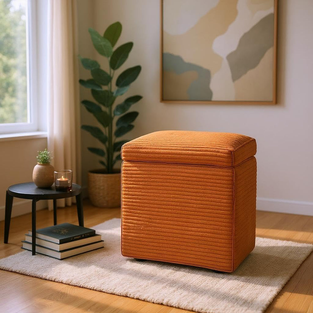Orange Corduroy Storage Ottoman with Rubber Feet – Compact Soft Cube Seat, 42...