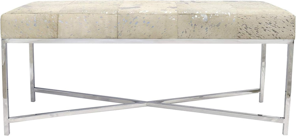 Pasargad Home Safari Collection Silver Foil Cowhide Upholstered Bench with X ...