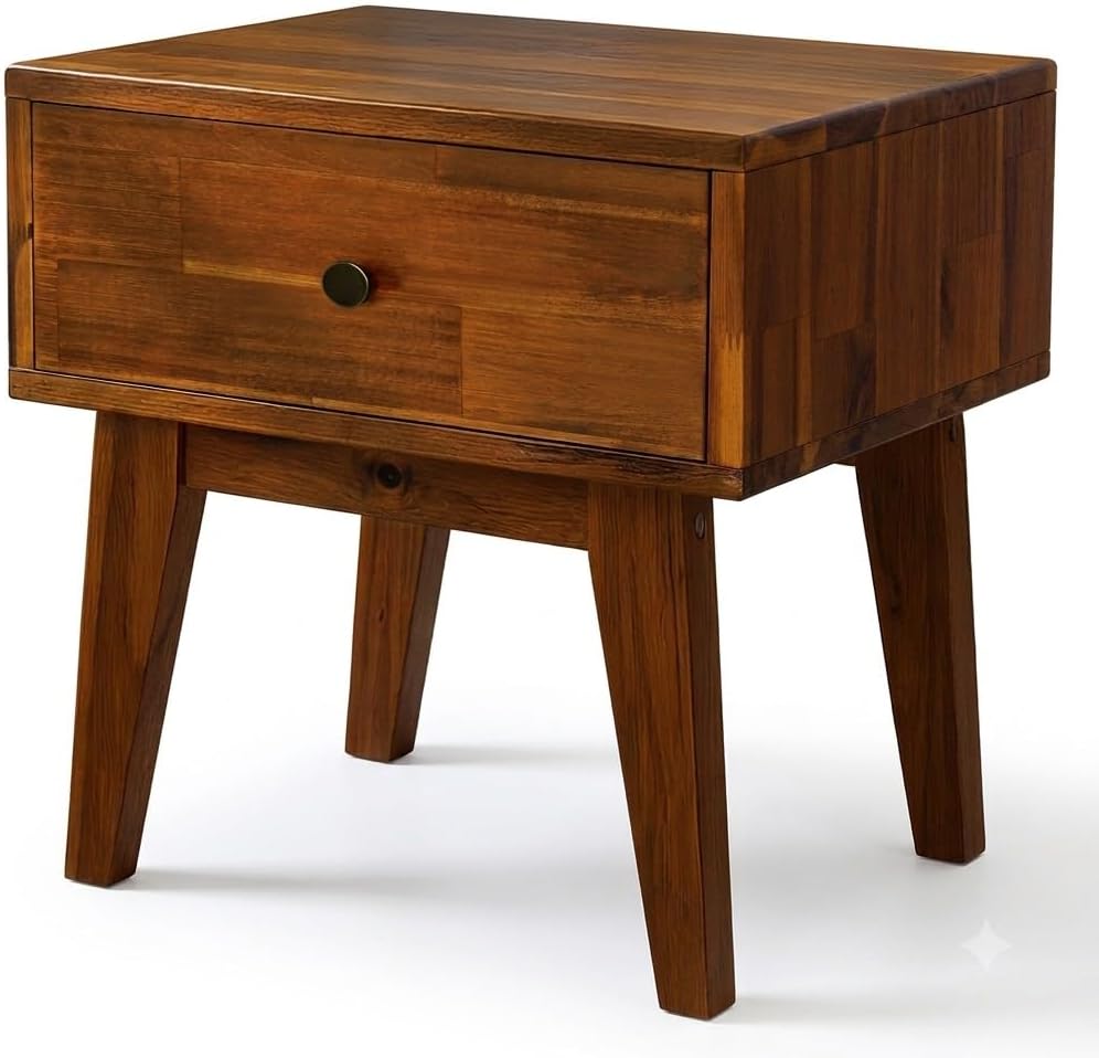 Acacia Sofia Nightstand with Drawer, Bedside Table, Solid Wood Bedside End Ta...