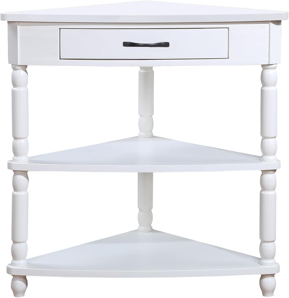 Corner Side Table, 3-Tier Triangle End Table with Drawer and Solid Wood Legs,...