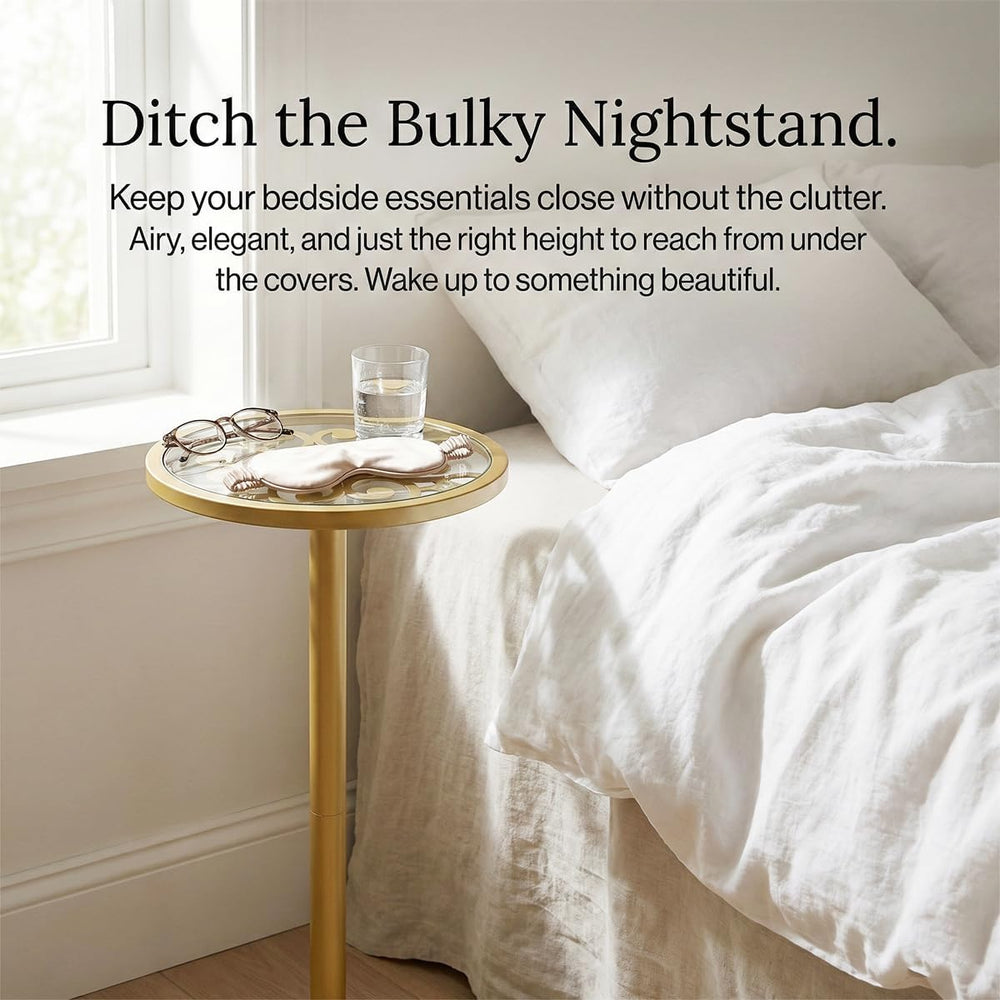 Gold Drink Table, Indoor Outdoor Small Round Side Table with Tempered Glass T...