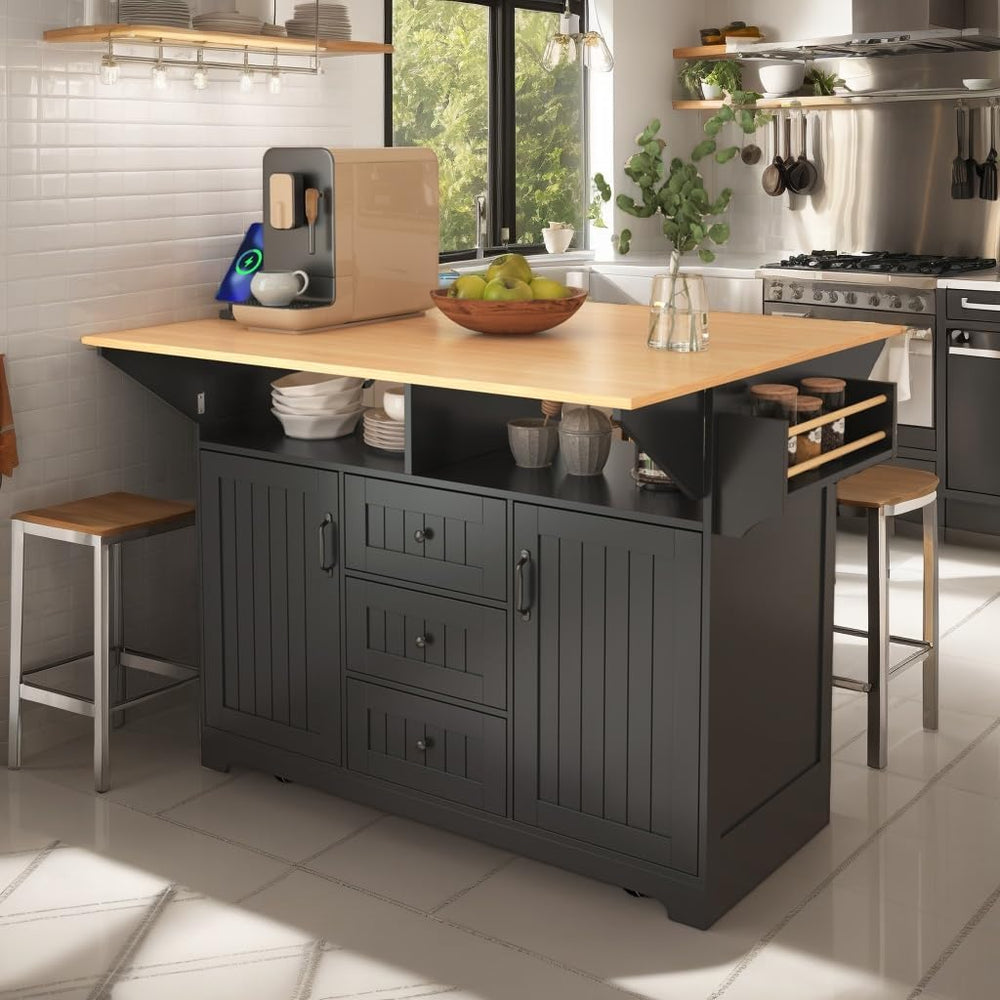 Kitchen Island with 2 Drop Leaf, Home Cart Island on Wheels Foldable Dining T...