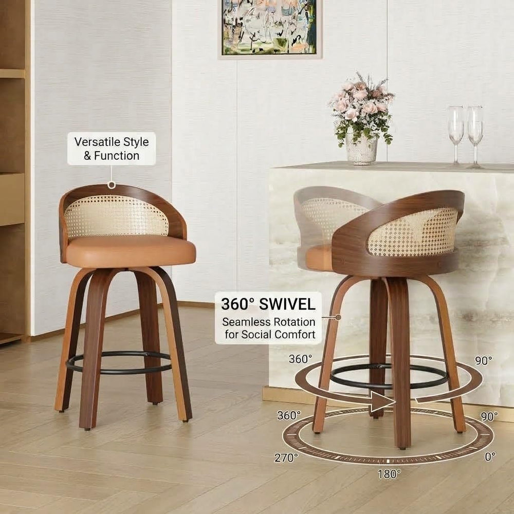 Yellow Bar Stools Set of 2 32.3" H 360° Swivel Rattan Back