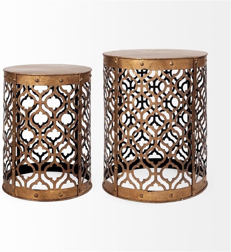 Pemberly Row Gold Cylindrical Metal Accent Tables, Set of 2, 16x15 in, Antiqu...