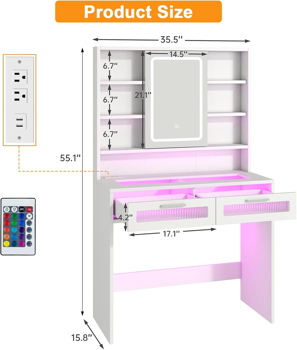Hadulcet 35.5" Small Vanity Desk with Mirror and Lights, White Make Up V...