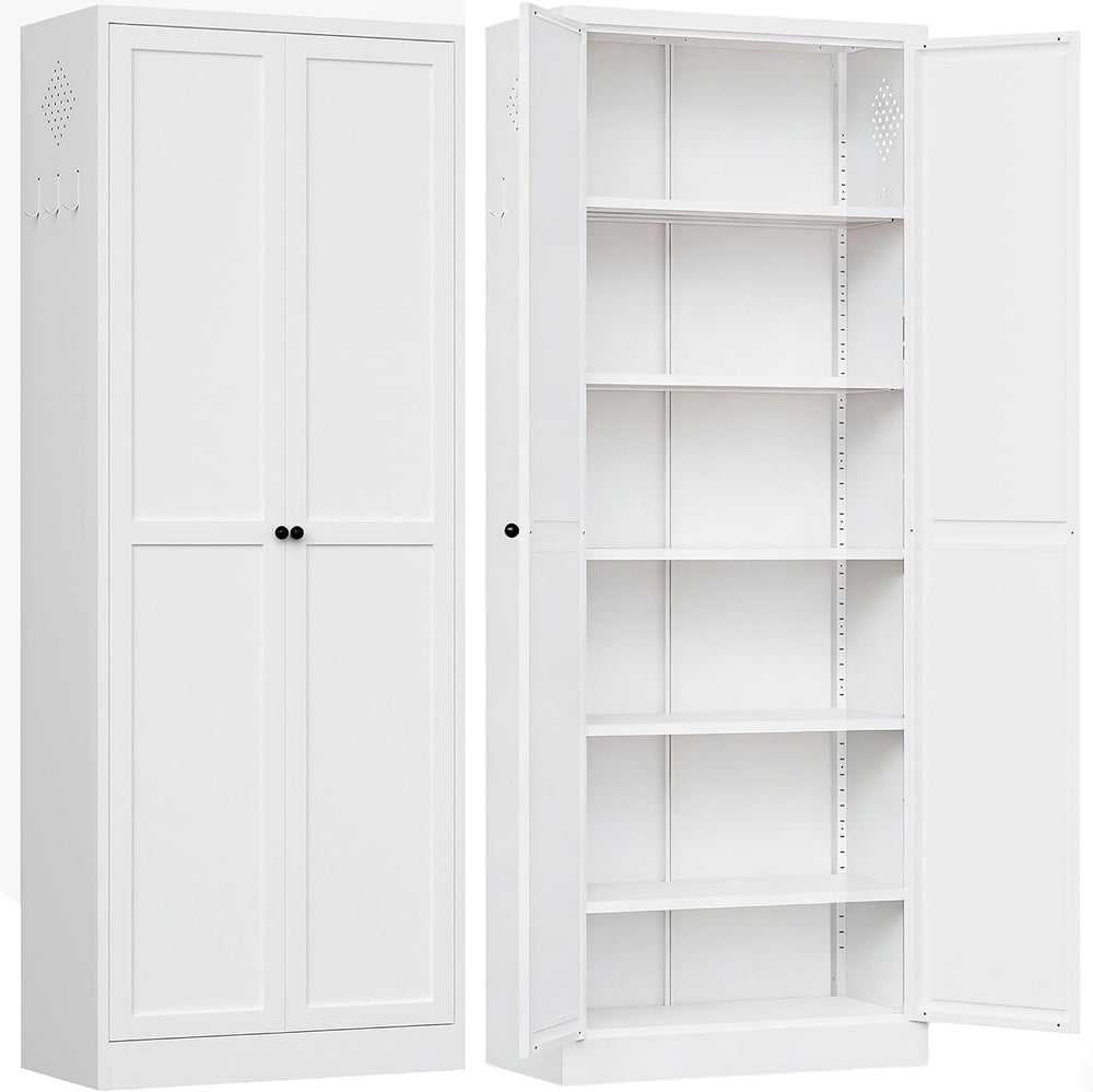 AQY Metal Pantry Cabinet with Doors & Shelves, 61” Tall White Kitchen Sto...