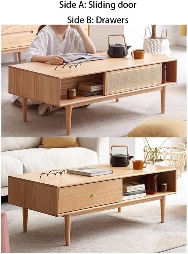Dual-Sided Storage Coffee Table Sliding Door Drawer Light Finish Small Side T...