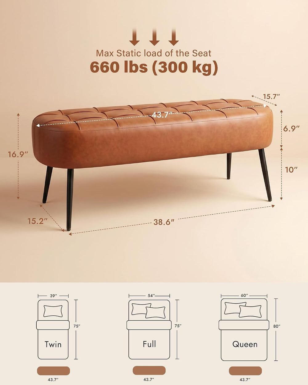 Entryway Bench, Modern PU Leather Upholstered End of Bed Bench Brown