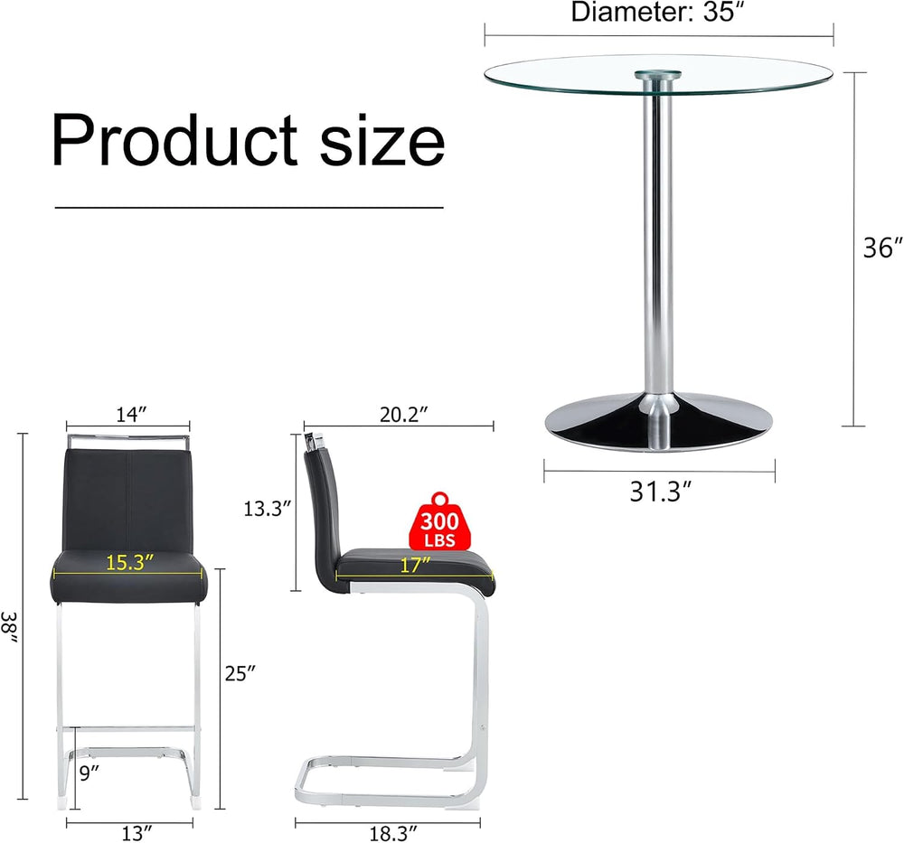 gopop 3 Piece Dining Table Set for 2, Modern Round Glass Counter Height Pub T...