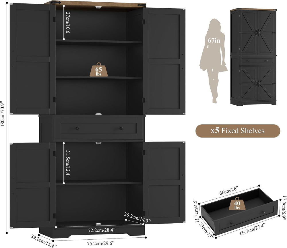 HOSTACK 71" Tall Pantry Cabinet, Farmhouse Kitchen Pantry with Storage S...