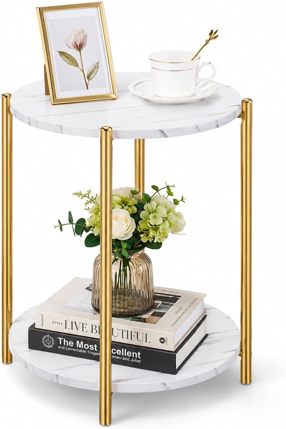 Gold End Table, Faux Marble Side Table, 2-Tier Small Round Nightstand for Bed...
