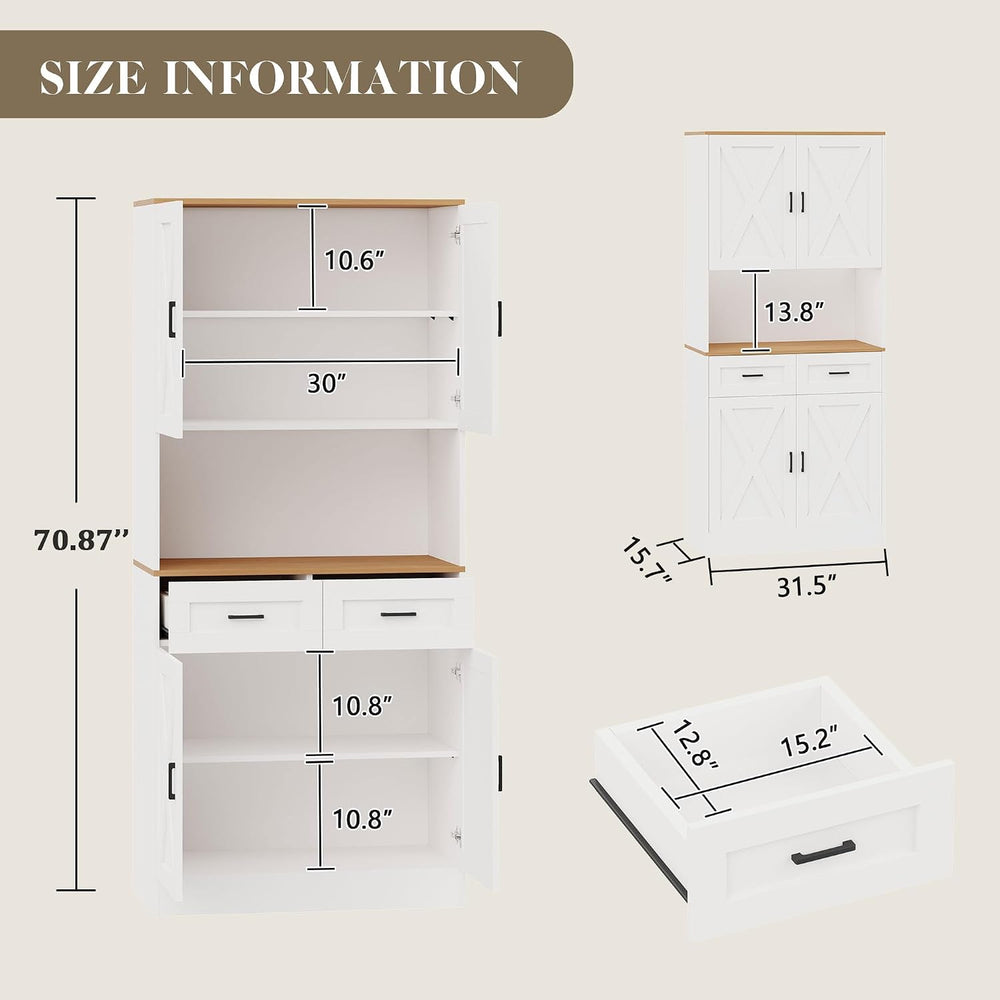71“ Kitchen Pantry Storage Cabinet, Kitchen Hutch with Microwave Stand and Ad...