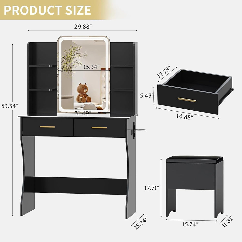 Vanity Desk with LED Lights Mirror & Power Outlet, Small Makeup Vanity Ta...