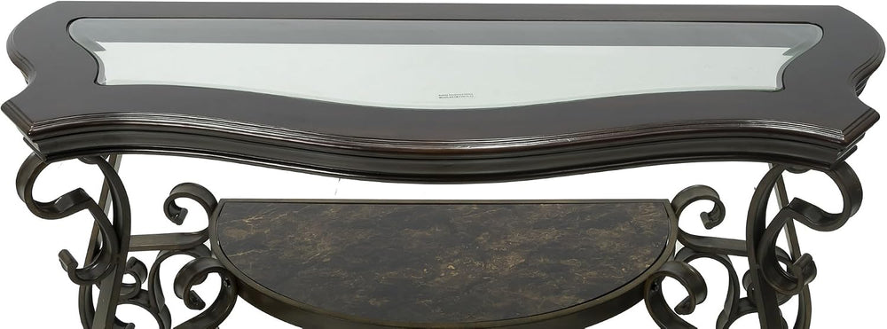 SSLine Vintage Curved Wood Console Table,Tempered Glass Top & Marble Shel...