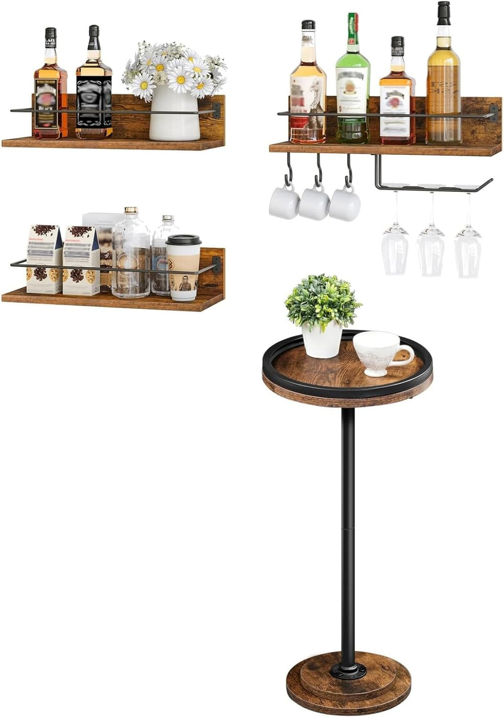 HOOBRO Small Round Side Table and Wall Mounted Wine Rack 3 Pack, Drink Table,...