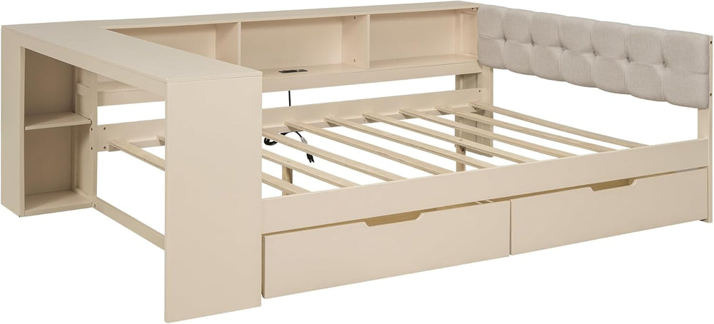 Tidyard Wood Full Size Platform Bed with Storage Shelves Drawers and USB Char...