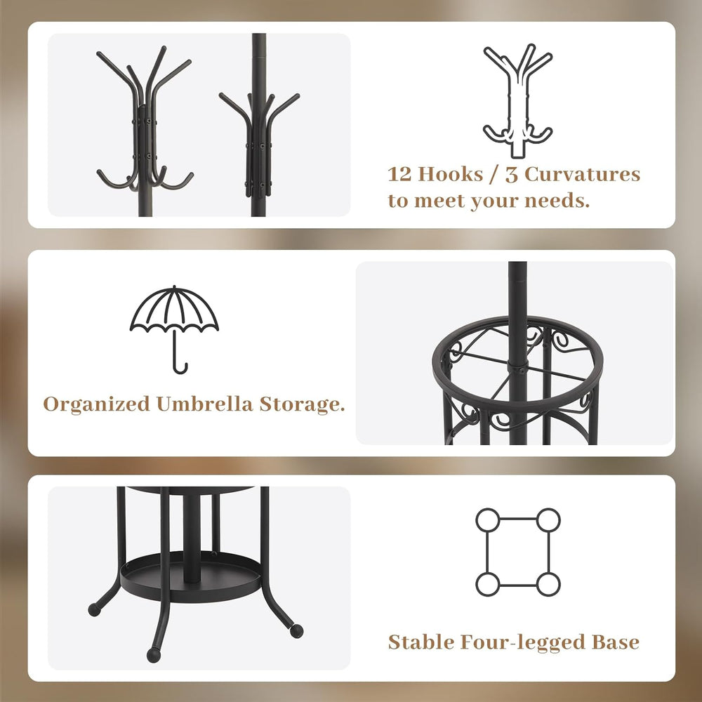 Coat Rack Freestanding with Umbrella Holder – Metal Hanger Stand, Hall Tree w...
