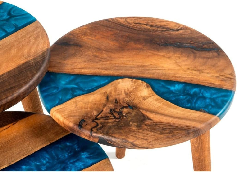 3-Piece Round Nesting Side Table Set 15.7 in | Blue Walnut Wood & Epoxy |...
