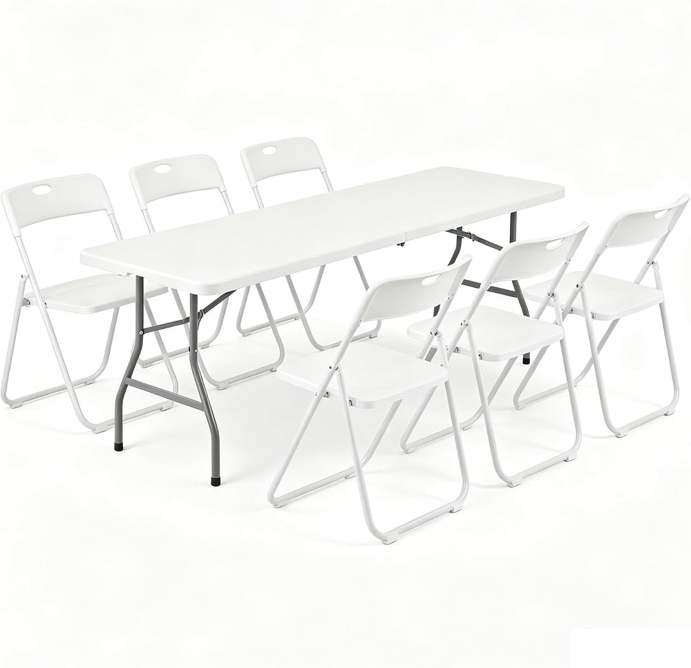 8 FT Plastic Folding Table Chairs Set, 7-Piece Portable Foldable Table and Ch...